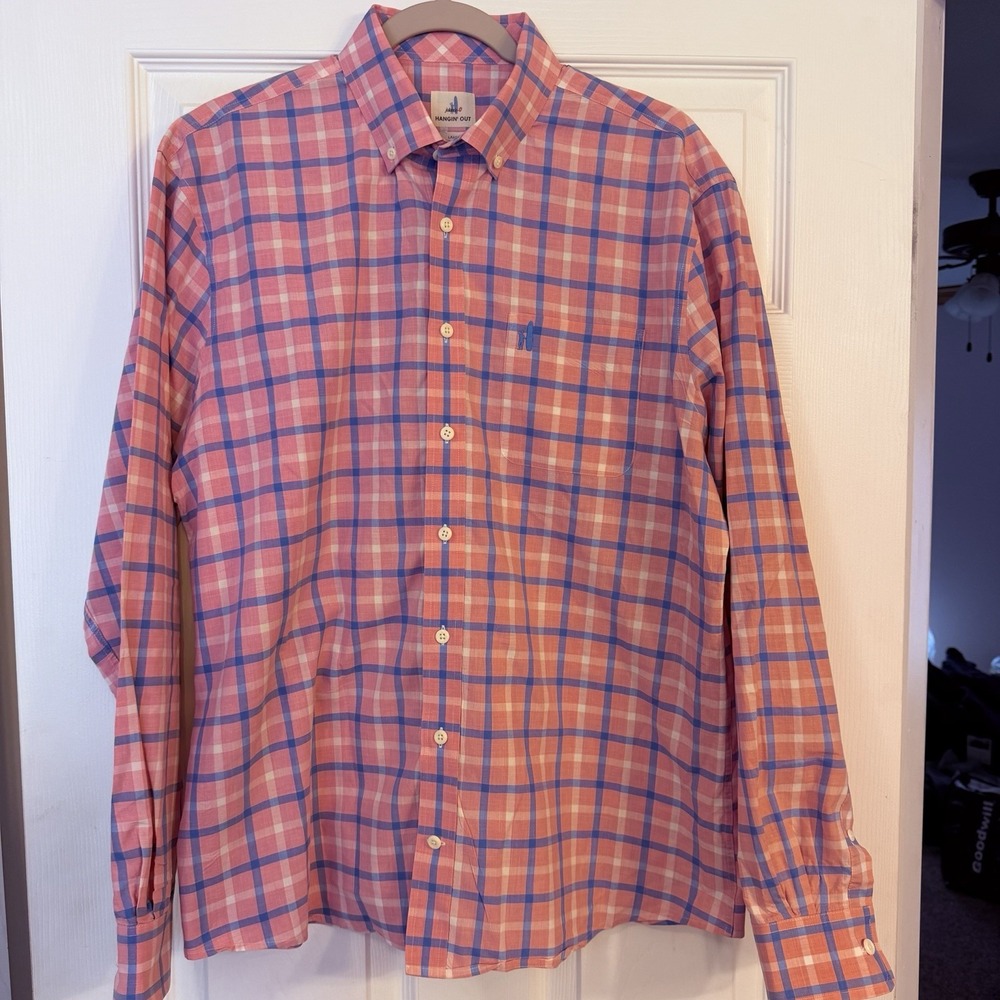 Johnnie-O Hangin Out Shirt Men's L Pink Blue Plaid Button Down Office Preppy EUC